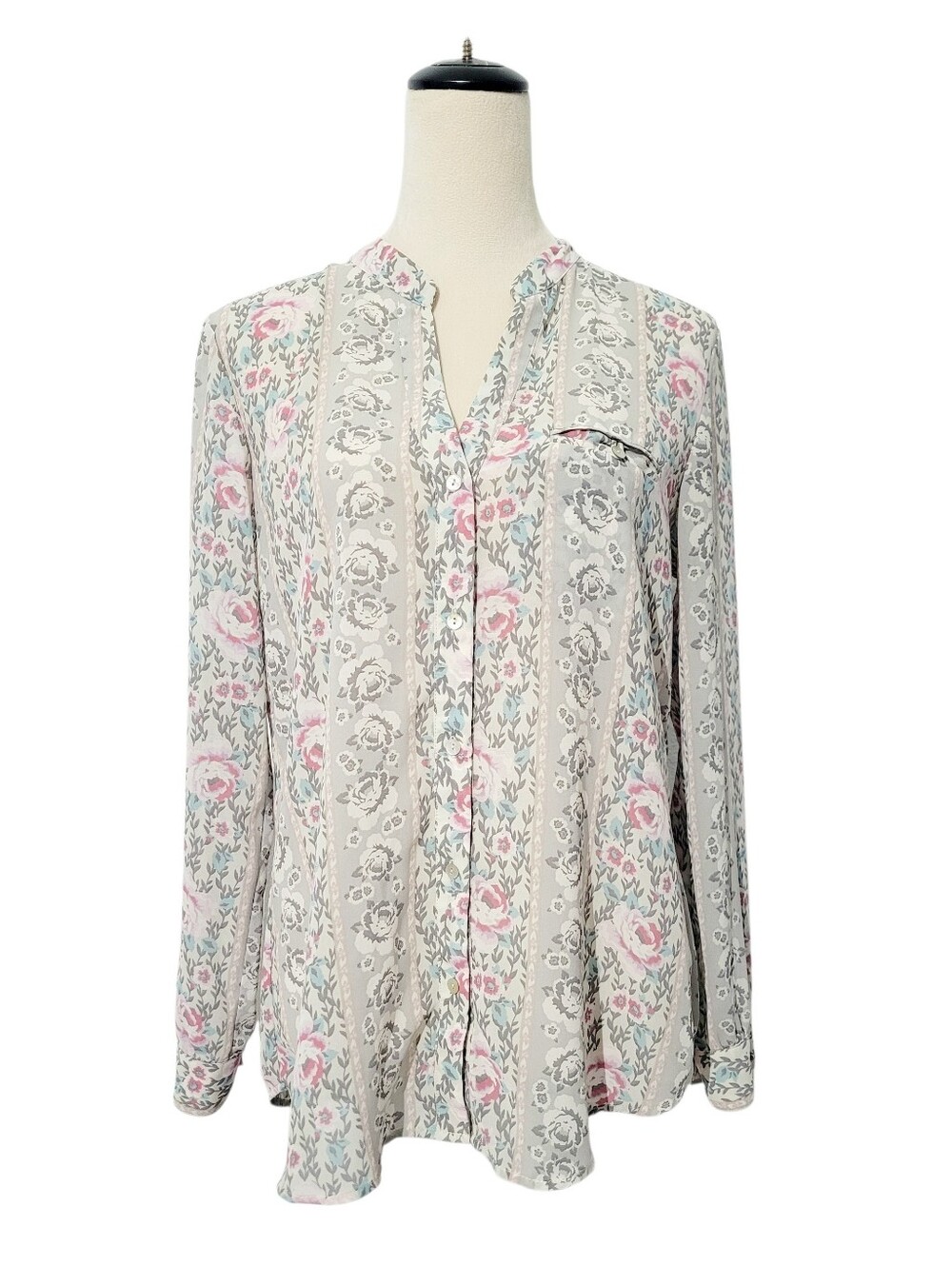 KUT from the Kloth Floral Blouse Medium Gray Pink Button Front Long Sleeve Top - Picture 2 of 12